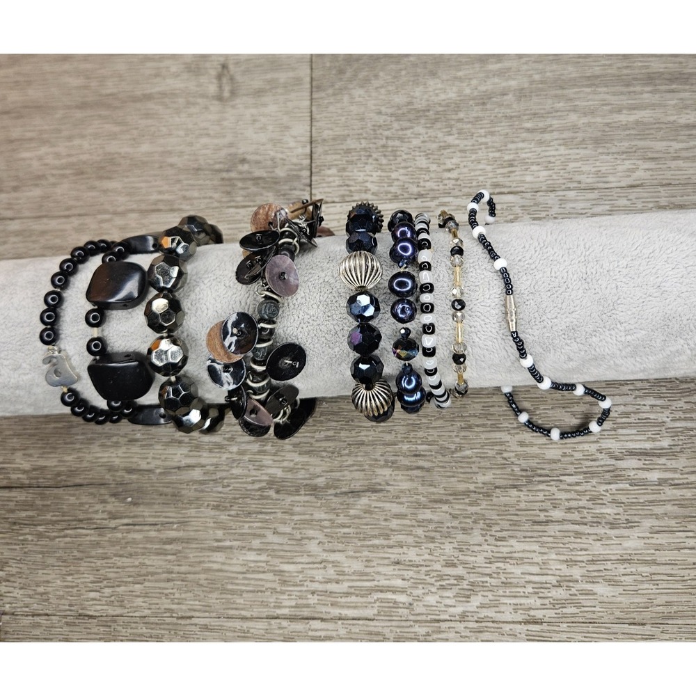 9 Stone Beaded Stretch Bracelet Lot Stackable black white
